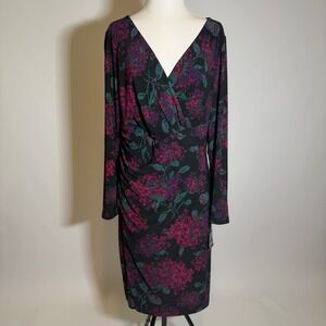 NWT Chaps Ralph Lauren Dress XL Floral Faux Wrap Stretch Dark Feminine Career